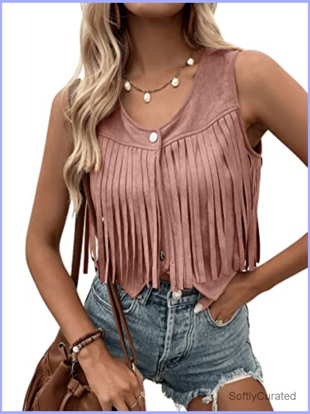 Suede Fringe Trim Sleeveless Crop Vest Jacket Button Front Coat - Picture 4 of 7